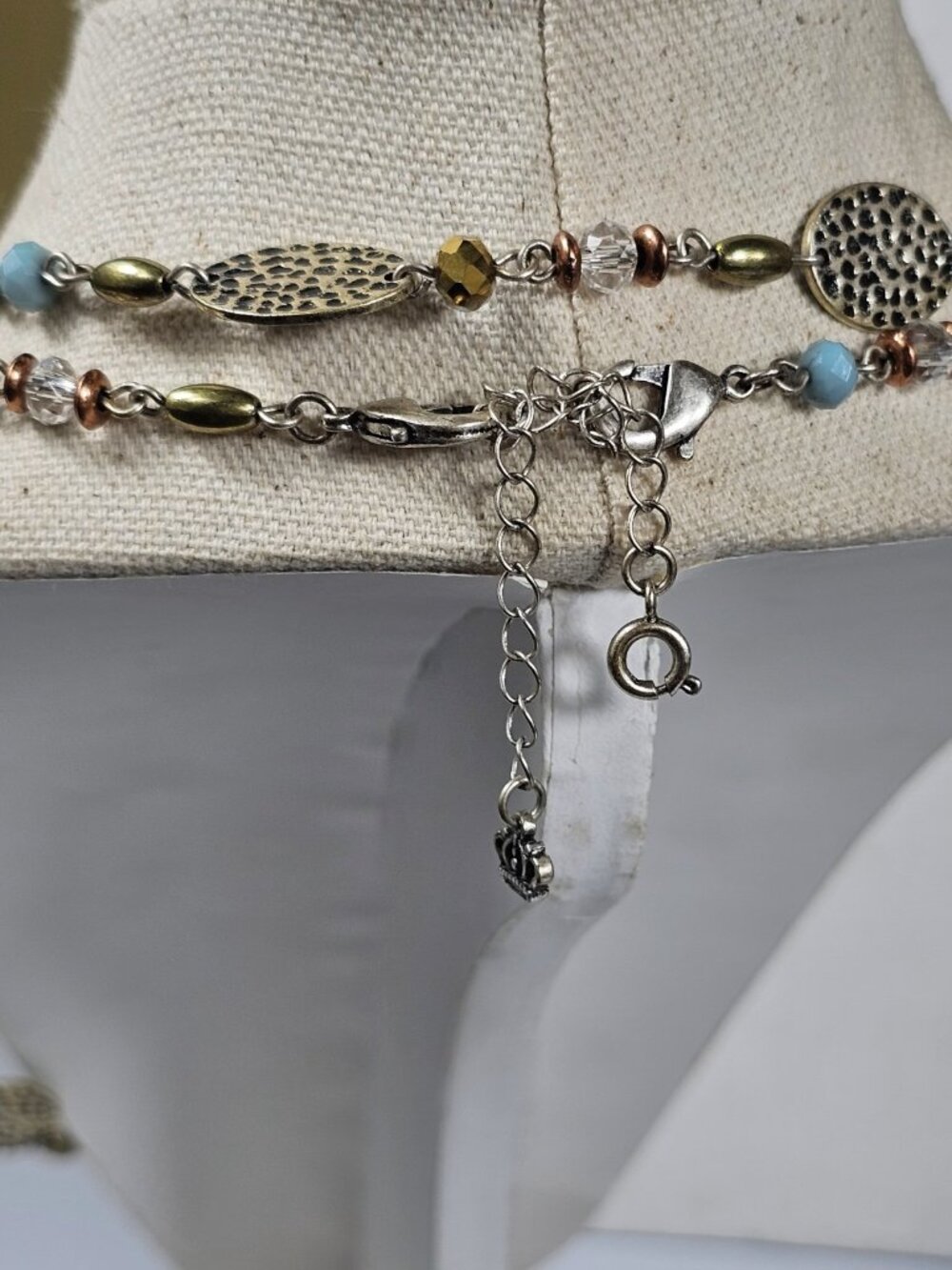 Long Layered Necklace Silver Tone Hammered Oval Discs Mixed Beads Boho 36" - Picture 8 of 8